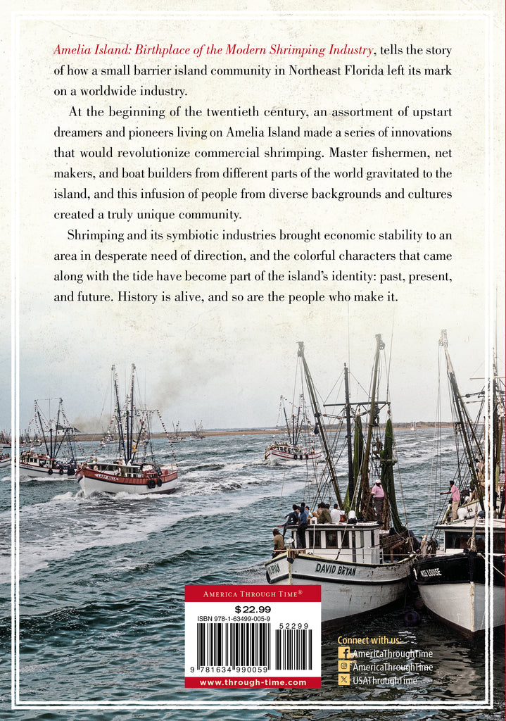 Book cover with shrimp boats in the water and text about the modern shrimping industry on Amelia Island.