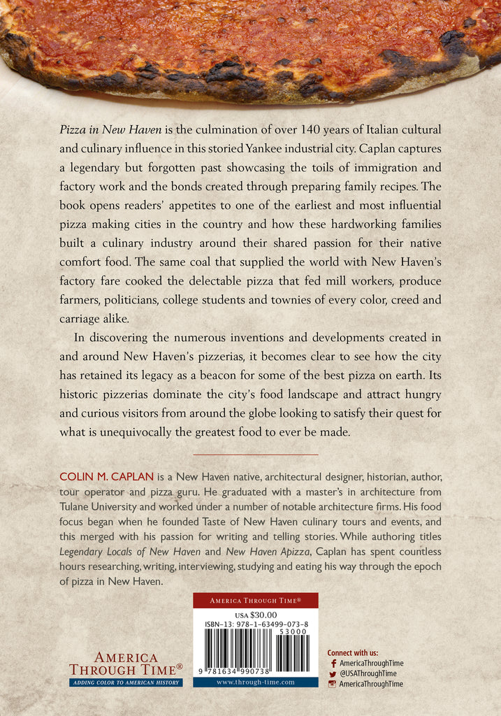 Book back cover with text about pizza history in New Haven, featuring a pizza slice at the top.