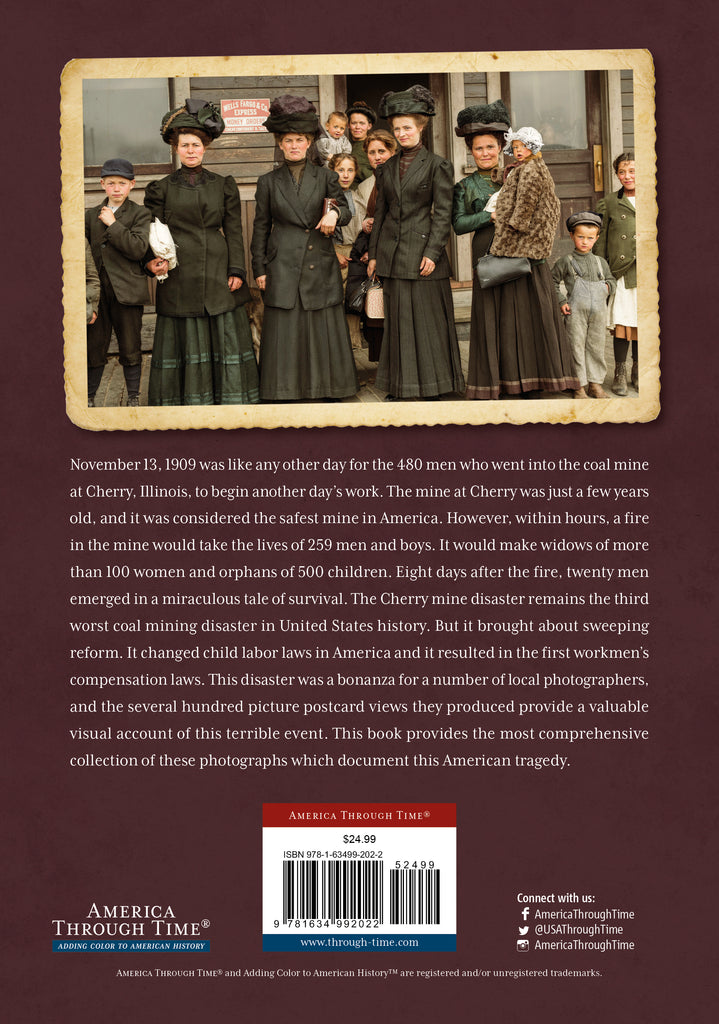 Book cover with historical photograph of women and children in a mine disaster scene, text about the Cherry Mine disaster, and America Through Time branding.