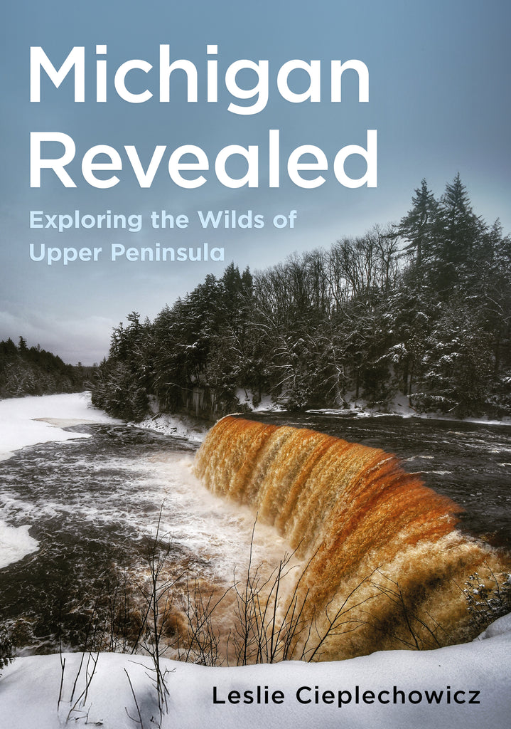 Book cover of 'Michigan Revealed: Exploring the Wilds of Upper Peninsula' with a snowy landscape and waterfall.