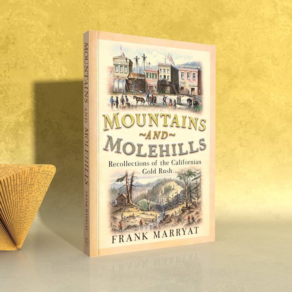 Book titled 'Mountains and Molehills' by Frank Marryat on a yellow background