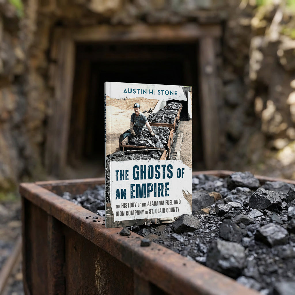 Book titled 'The Ghosts of an Empire' by Austin H. Stone on a coal train car with a mine entrance in the background.