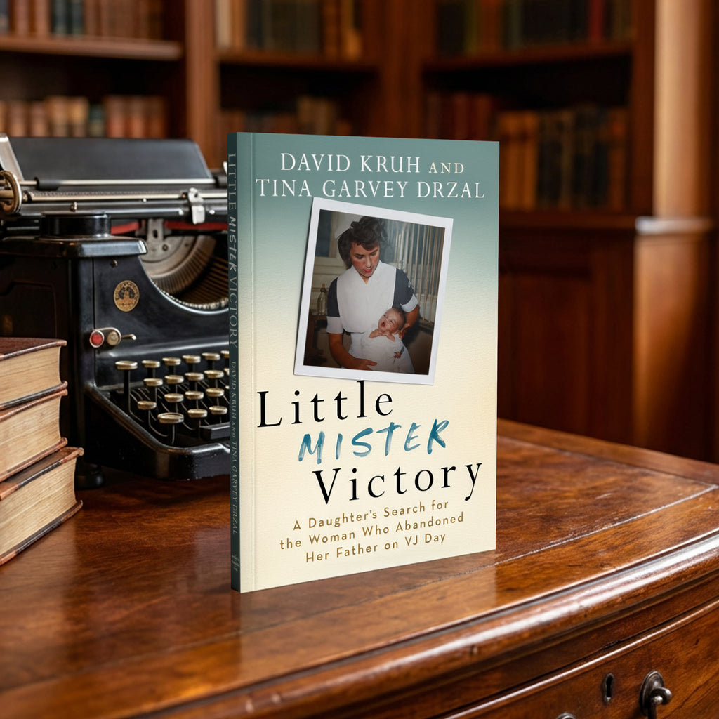 Book titled 'Little Mister Victory' by David Kruh and Tina Garvey Drzal on a wooden desk with a typewriter and books in the background. Published by America Through Time.