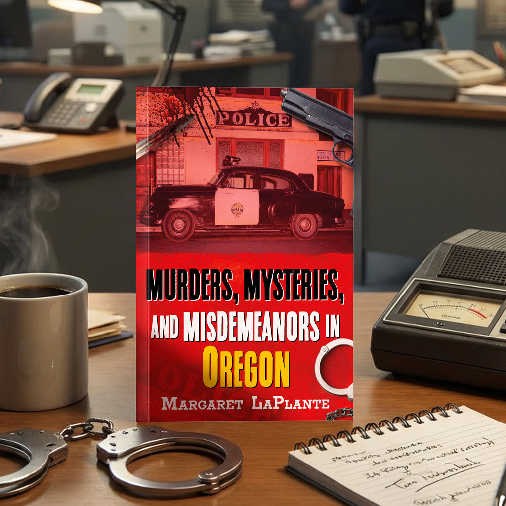 Book titled 'Murders, Mysteries, and Misdeemeanors in Oregon' by Margaret LaPlante on a desk with coffee and handcuffs.