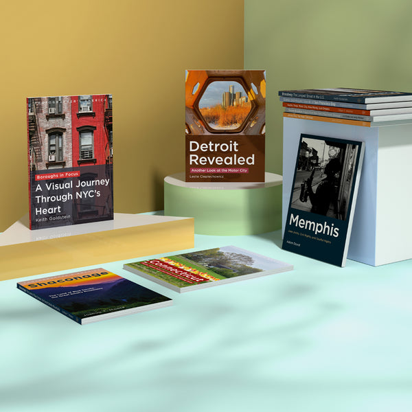 Collection of modern photography books on places in the USA, on a colorful background. Featured books include