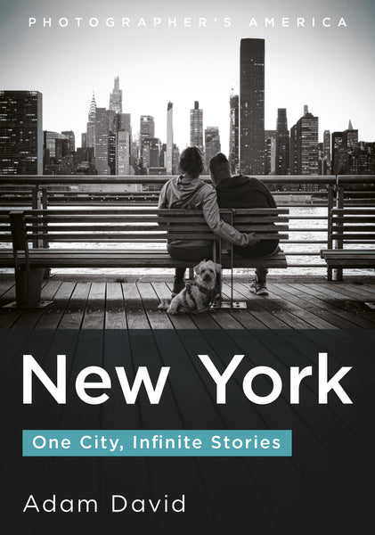 Book cover of 'New York: One City, Infinite Stories' by Adam David with a black and white photo of two people and a dog on a bench overlooking a city skyline.