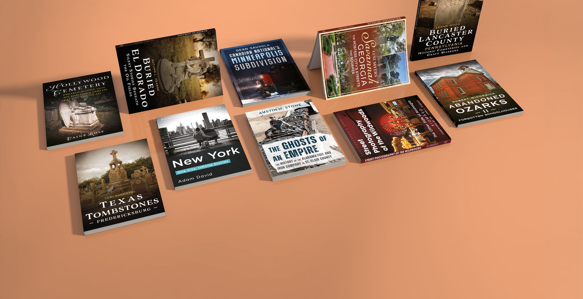 Collection of books on a brown background