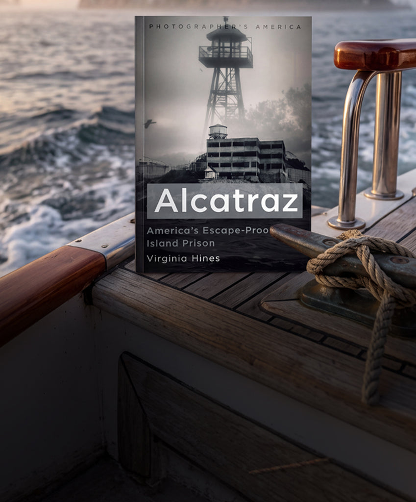 Book cover for 'Alcatraz: America's Escape-Proof Island Prison' by Virginia Hines, shown standing upright on a boat deck with ocean water and ship rigging in the background.