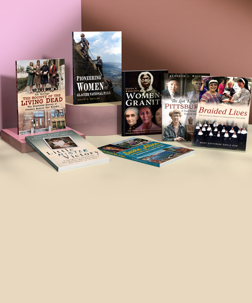 Collection of books celebrating Women's History Month published by America Through Time® on a table with a pink wall background