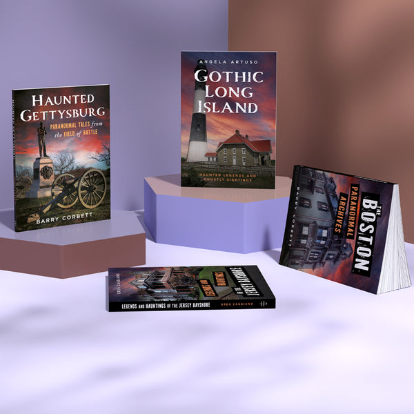 Four books on a white and purple gradient background part of the Gothic Americana and Haunted America book series. Published by America Through Time - an American book publishing house that specializes in local history books.