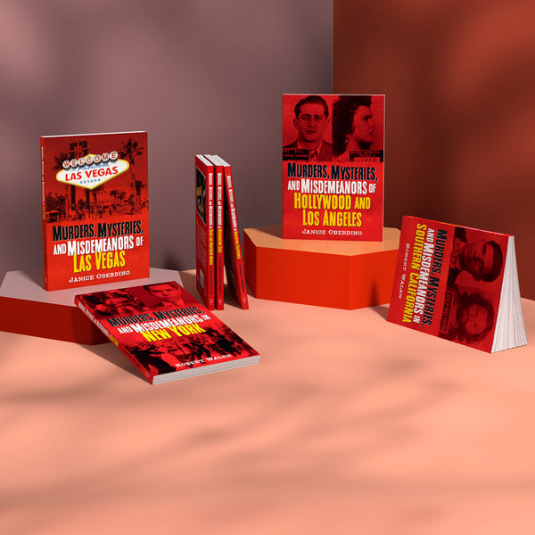 Collection of books titled 'Murders, Mysteries, and Misdeemeanors' on a pink and brown gradient background. Published by America Through Time - an American book publishing house that specializes in local history books.